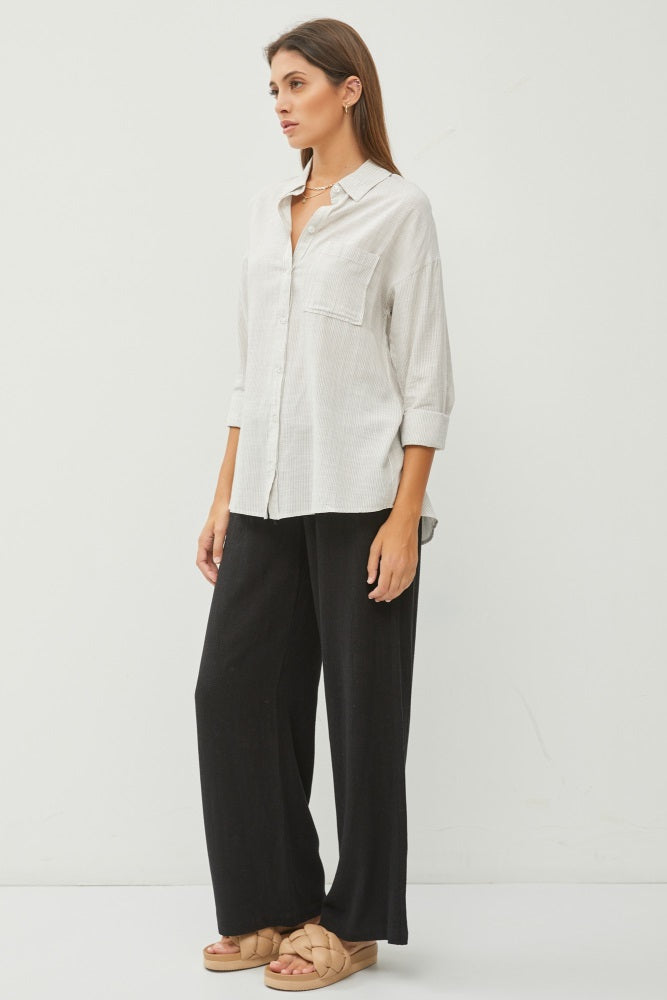 Grey Striped Basic Button Down Top