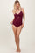 Plum Ribbed Wrap Front Drawstring Side One-Piece Swimsuit