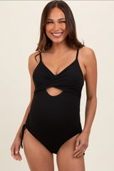 Black Ribbed Wrap Front Drawstring Side Maternity One-Piece Swimsuit