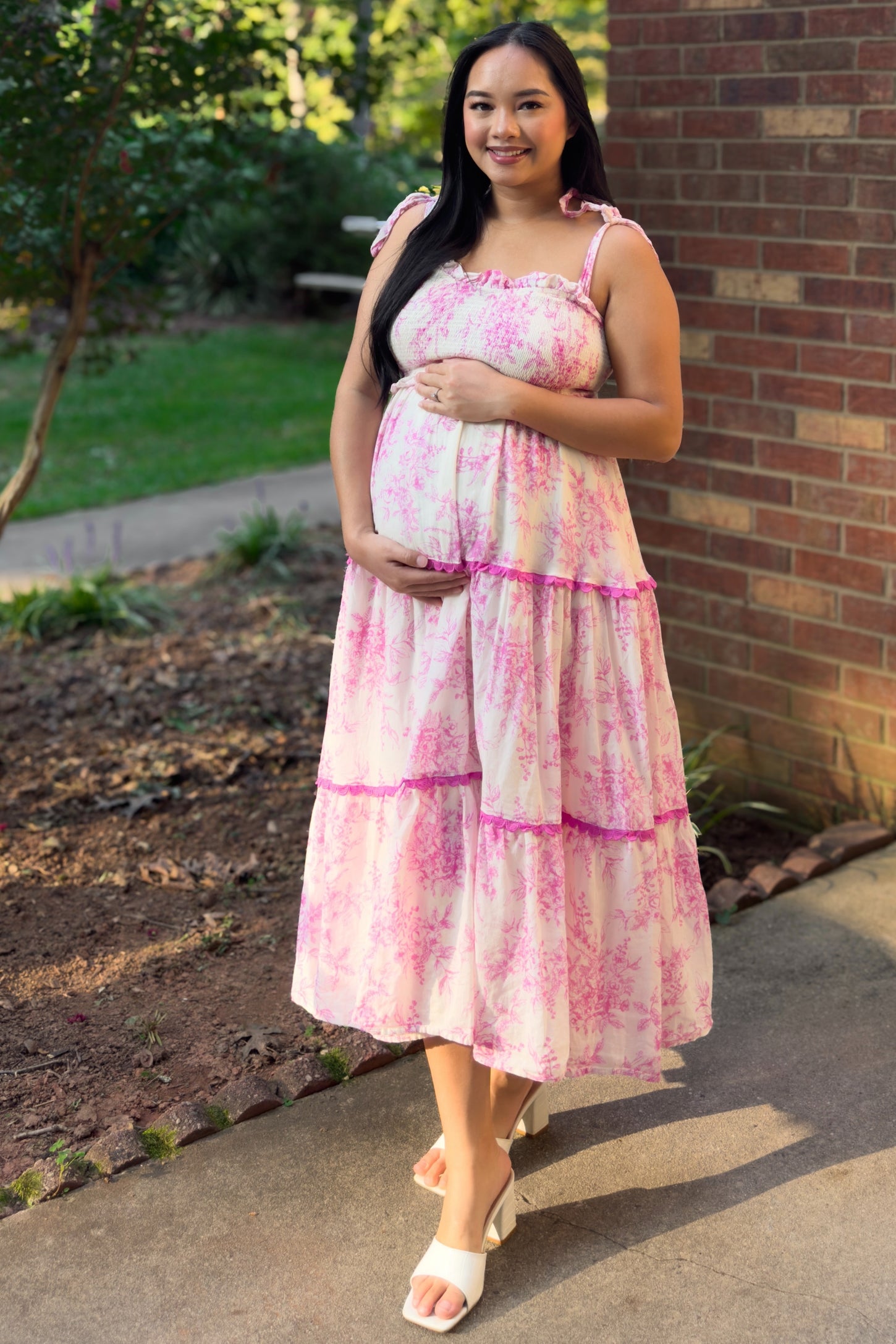 Pink Floral Sleeveless Ruffle Tiered Maternity Midi Dress