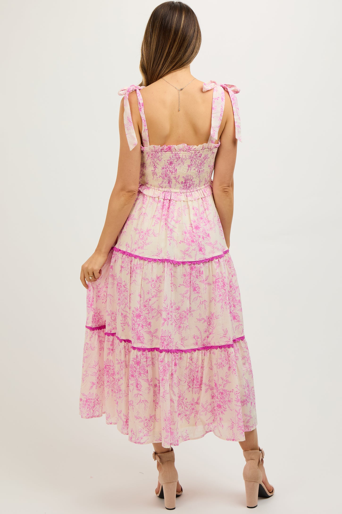 Pink Floral Sleeveless Ruffle Tiered Maternity Midi Dress