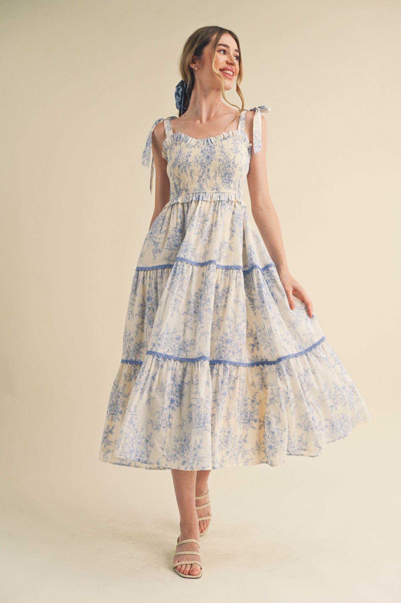 Light Blue Floral Sleeveless Ruffle Tiered Midi Dress