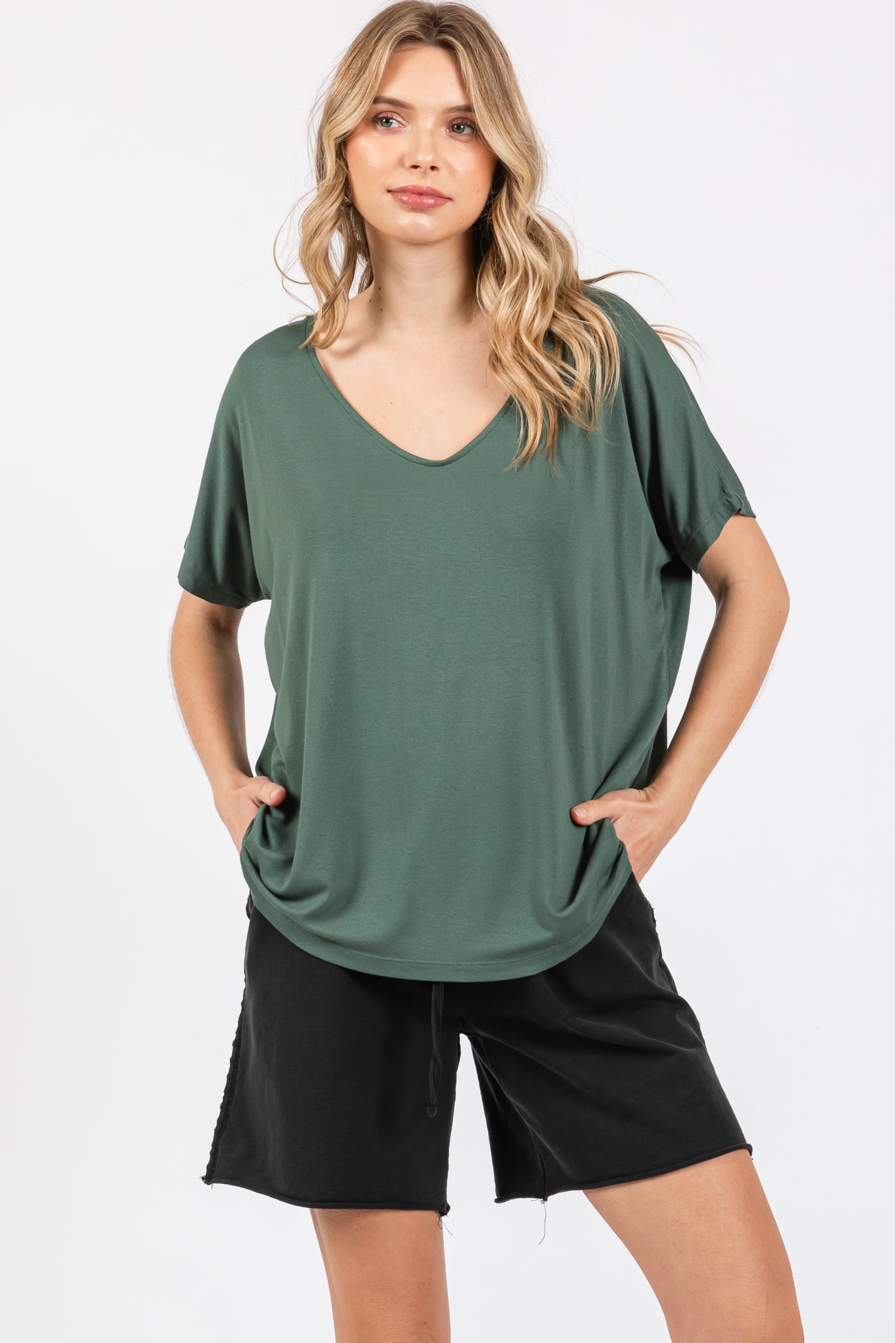 Olive Short Dolman Sleeve V-Neck Top