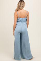 Light Blue Chambray Smocked Maternity Jumpsuit