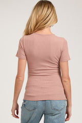 Mauve Ribbed Short Sleeve Button Maternity Top