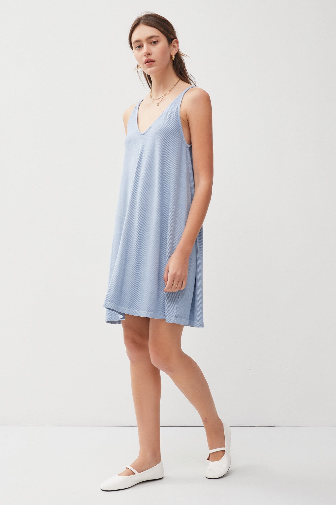Blue Ribbed Sleeveless Front Seam Dress