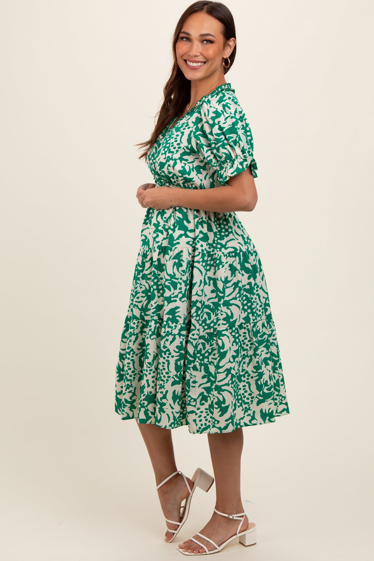 Green Ruffle Trim Tiered Maternity Dress