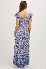 Blue Floral Off Shoulder Maternity Maxi Dress