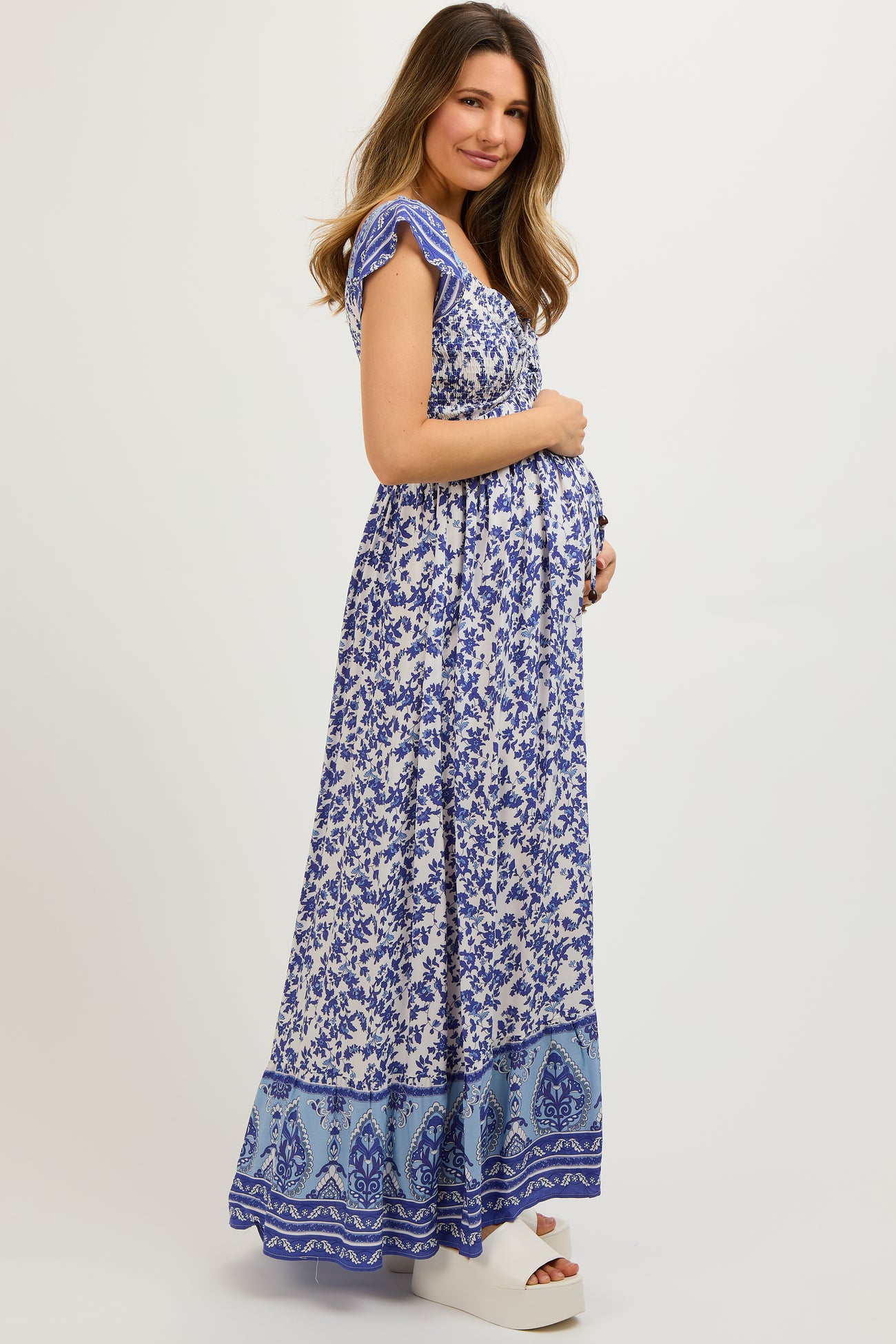 Blue Floral Off Shoulder Maternity Maxi Dress