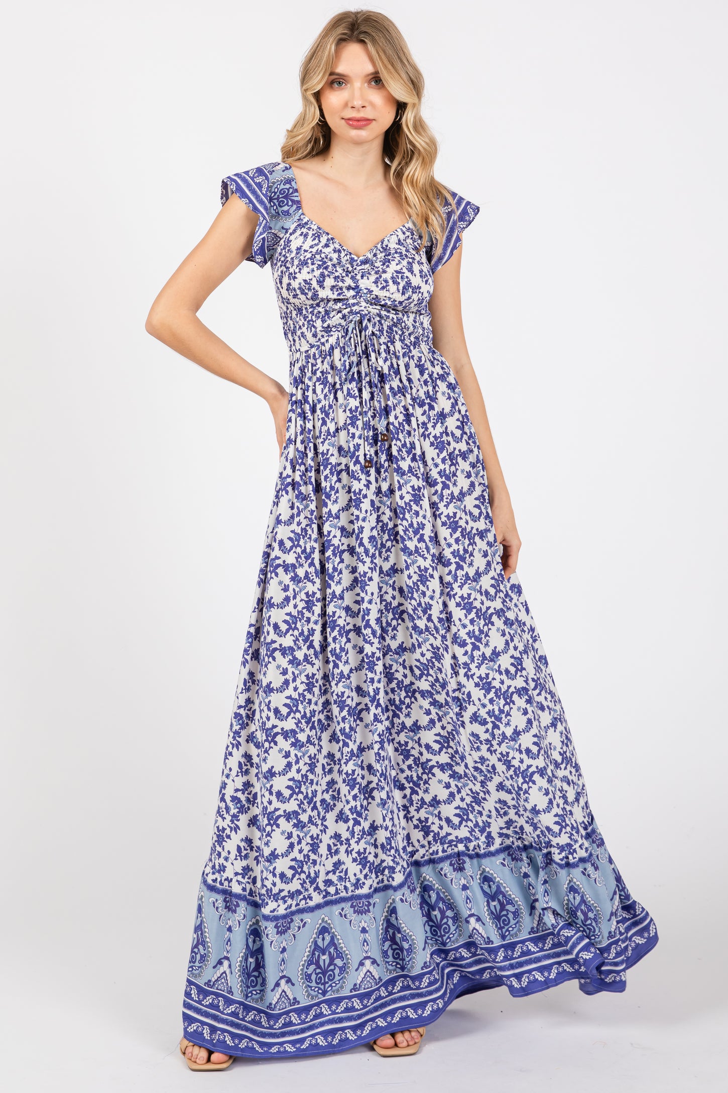 Blue Floral Off Shoulder Maternity Maxi Dress