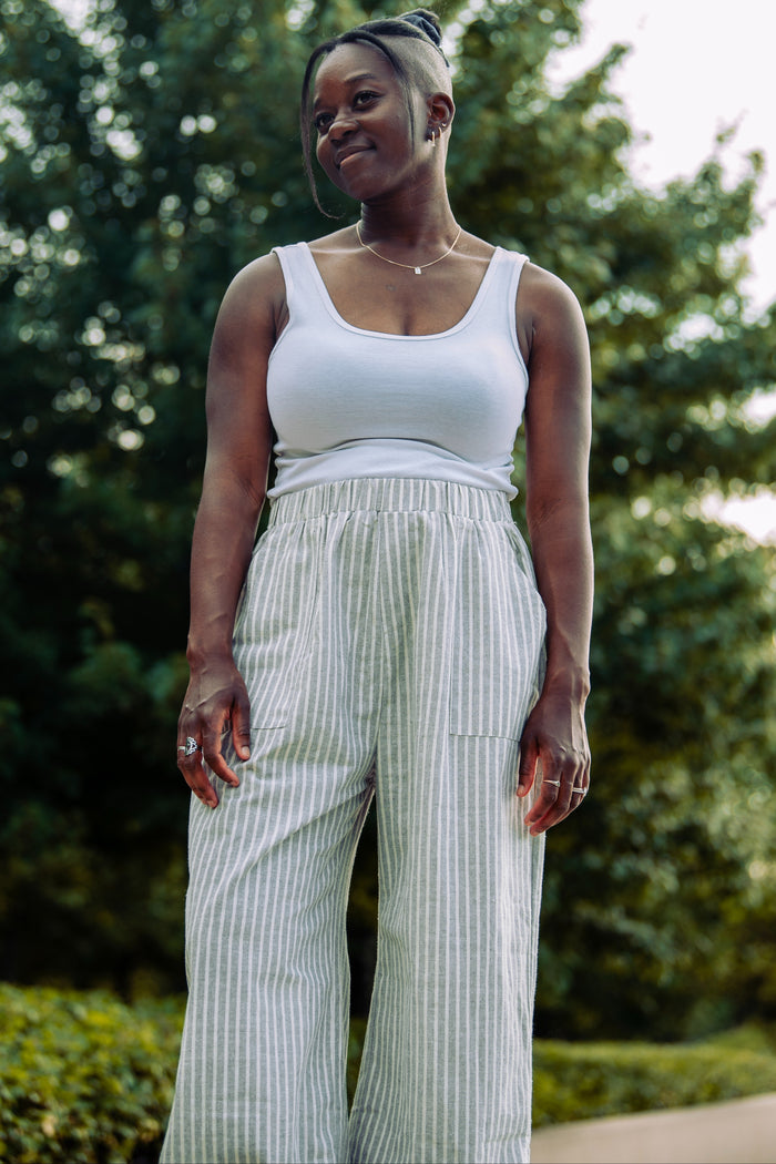 Heather Grey Striped Linen Slit Hem Pants