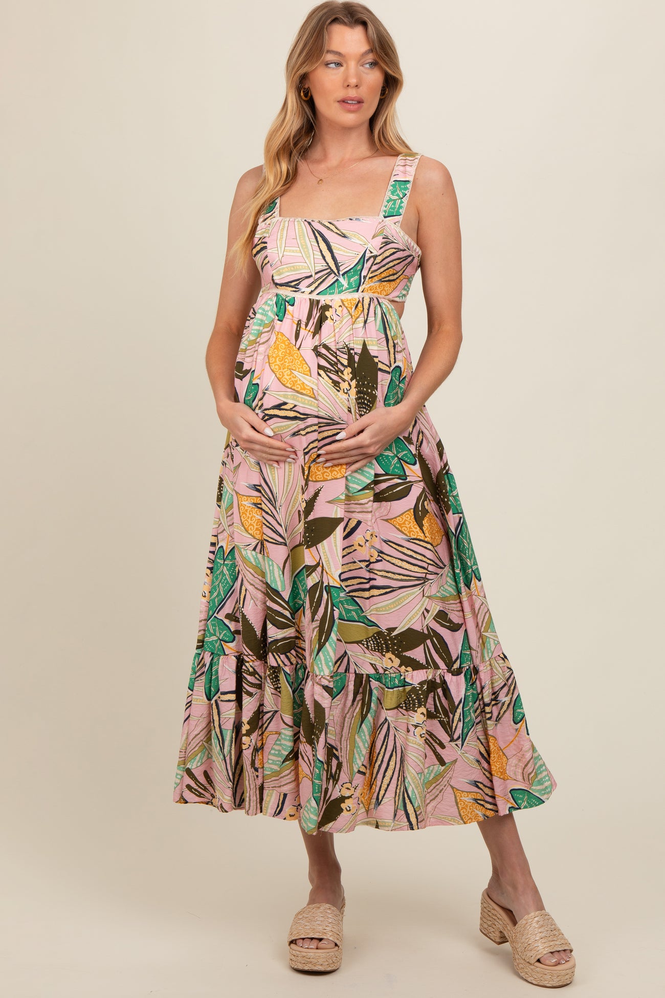 Light Pink Tropical Back Tie Cutout Maternity Maxi Dress