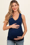 Navy Ribbed Sleeveless Ruched Maternity Tank Top