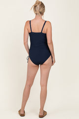 Navy Ribbed Side Tie One Piece Swimsuit