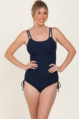 Navy Ribbed Side Tie One Piece Swimsuit