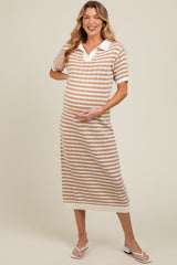 Beige Collared Knit Maxi Maternity Dress