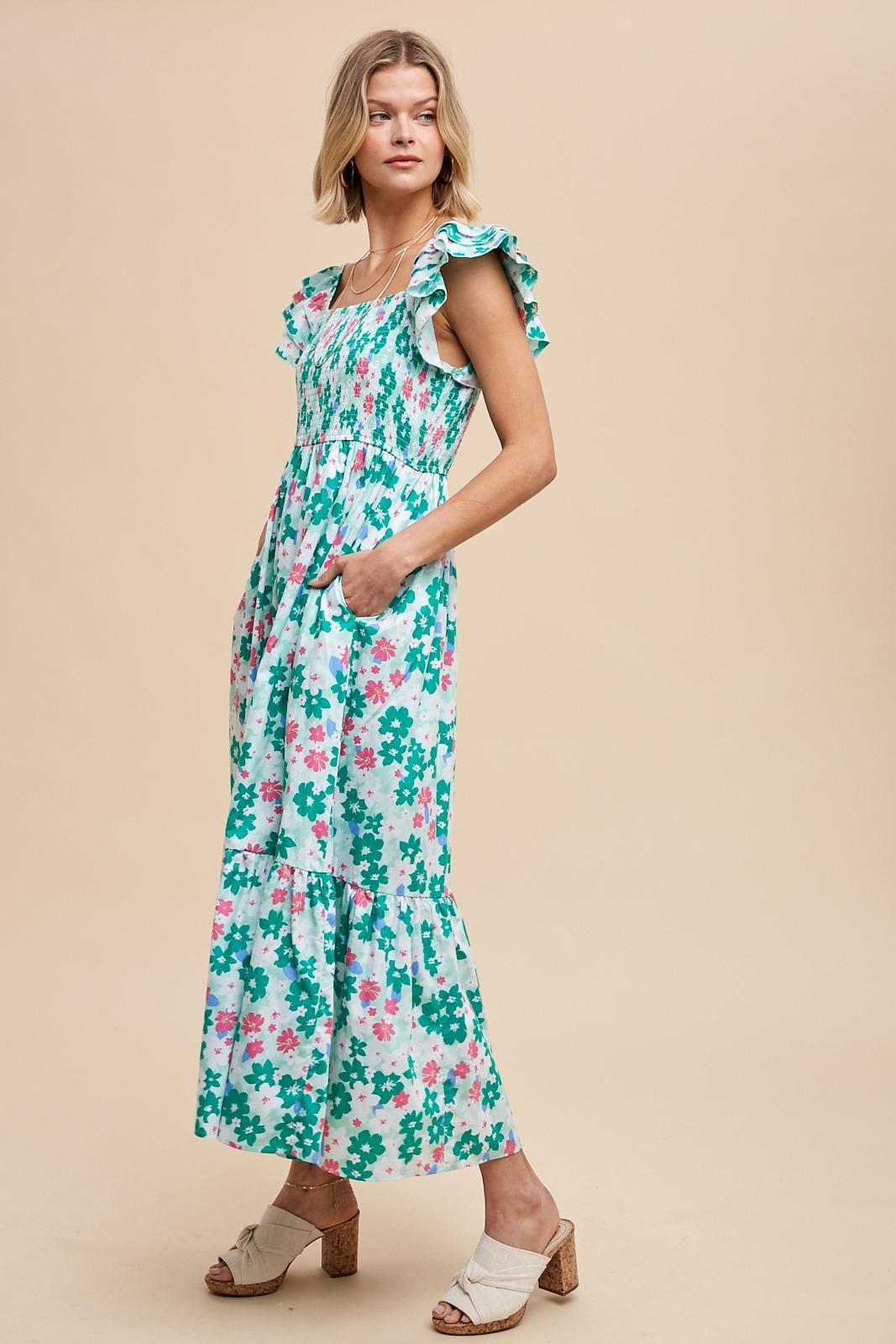 Green Floral Smocked Ruffle Sleeve Maxi Dress
