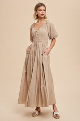 Taupe Smocked Puff Sleeve Maternity Maxi Dress