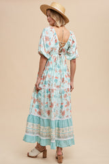 Mint Green Floral Gingham Lace Up Back Maxi Dress