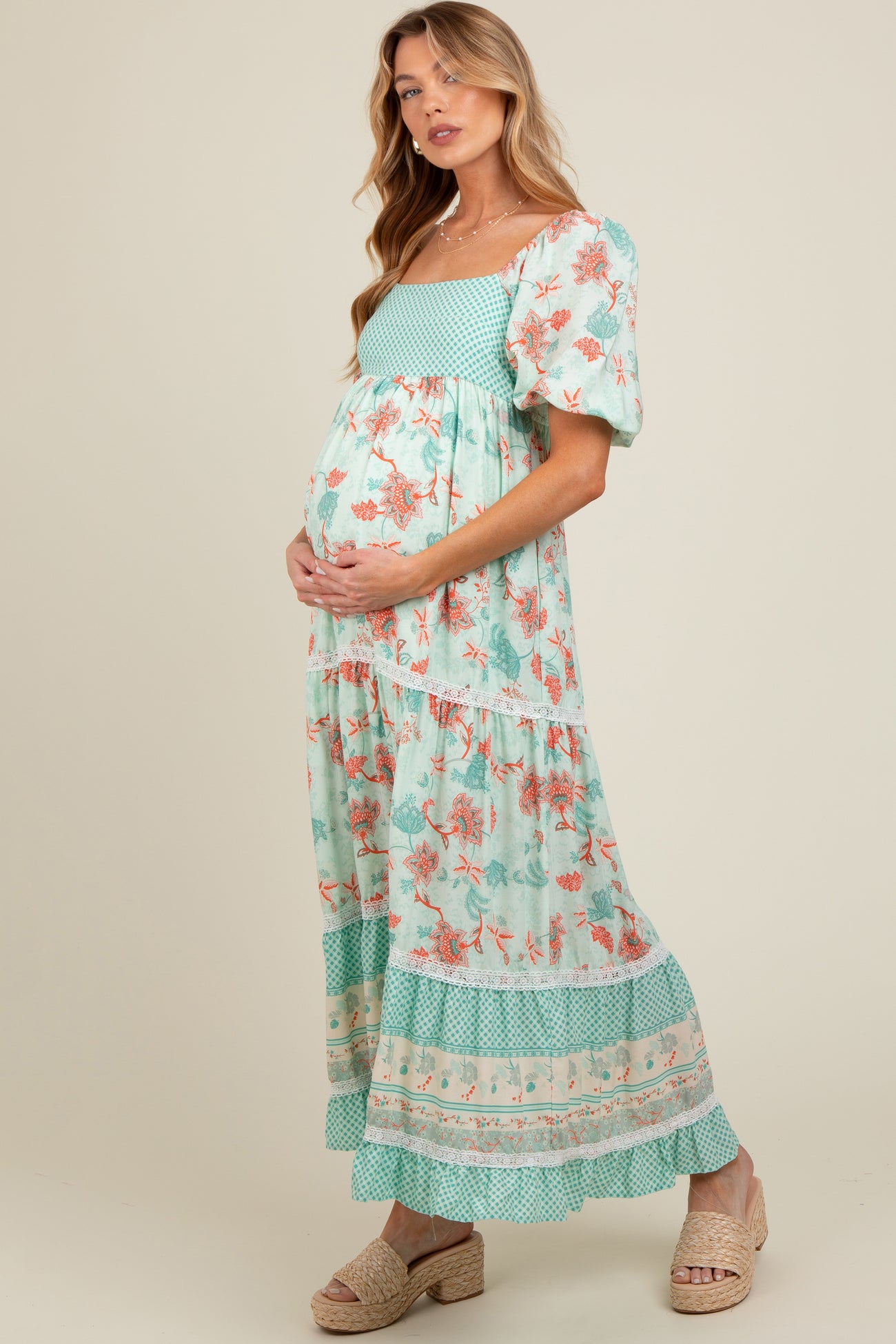 Mint Green Floral Gingham Lace Up Back Maternity Maxi Dress