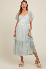 Light Blue Floral Flounce Sleeve Maternity Midi Dress