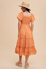 Orange Smocked Short Sleeve Midi Dress