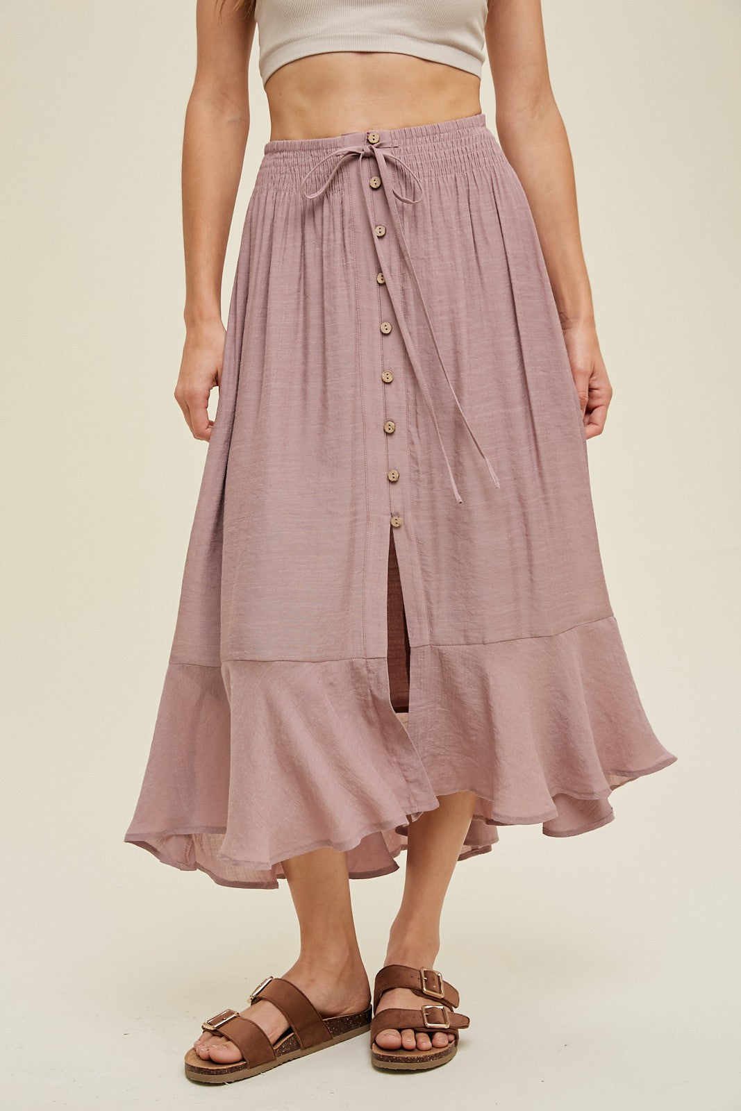 Mauve Button-Up Midi Skirt With Drawstring