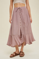 Mauve Button-Up Midi Skirt With Drawstring