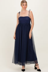 Navy Blue Square Neck Shoulder Tie Tulle Maxi Dress