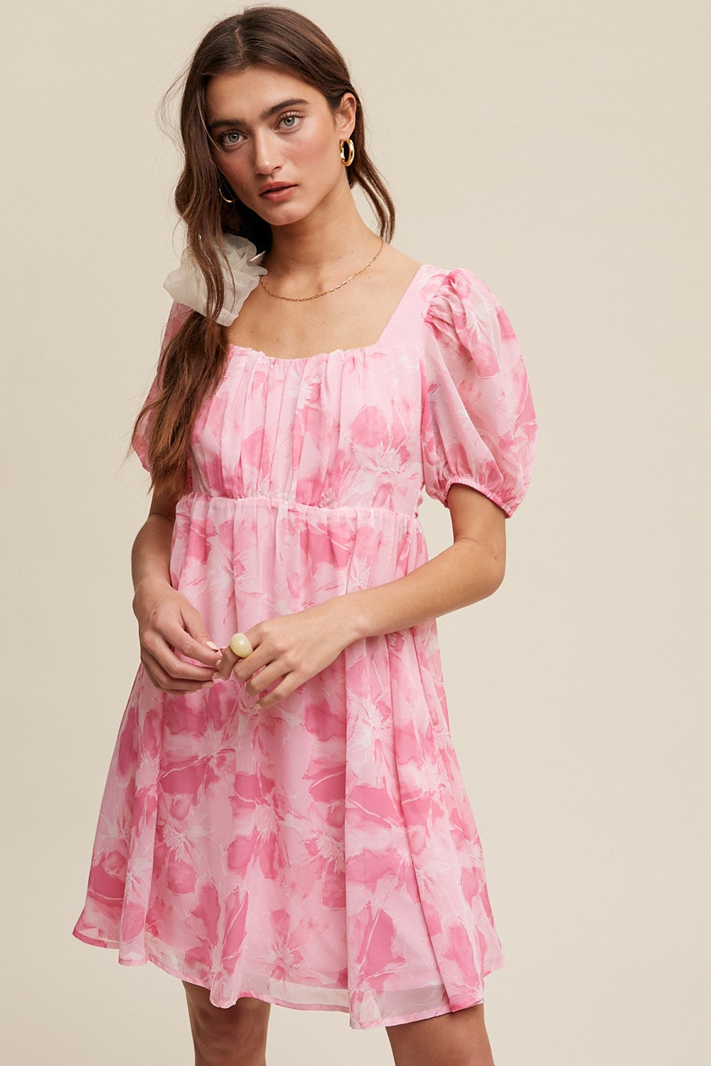 Pink Floral Puff Sleeve Maternity Mini Dress