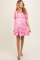 Pink Floral Puff Sleeve Maternity Mini Dress