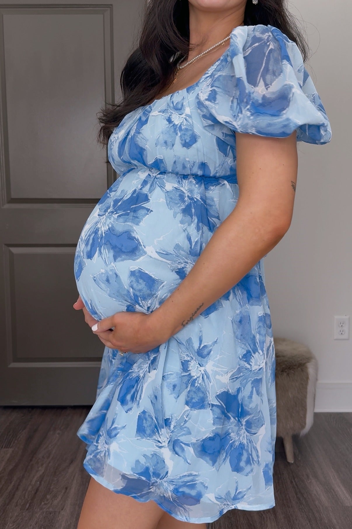 Blue Floral Puff Sleeve Maternity Mini Dress