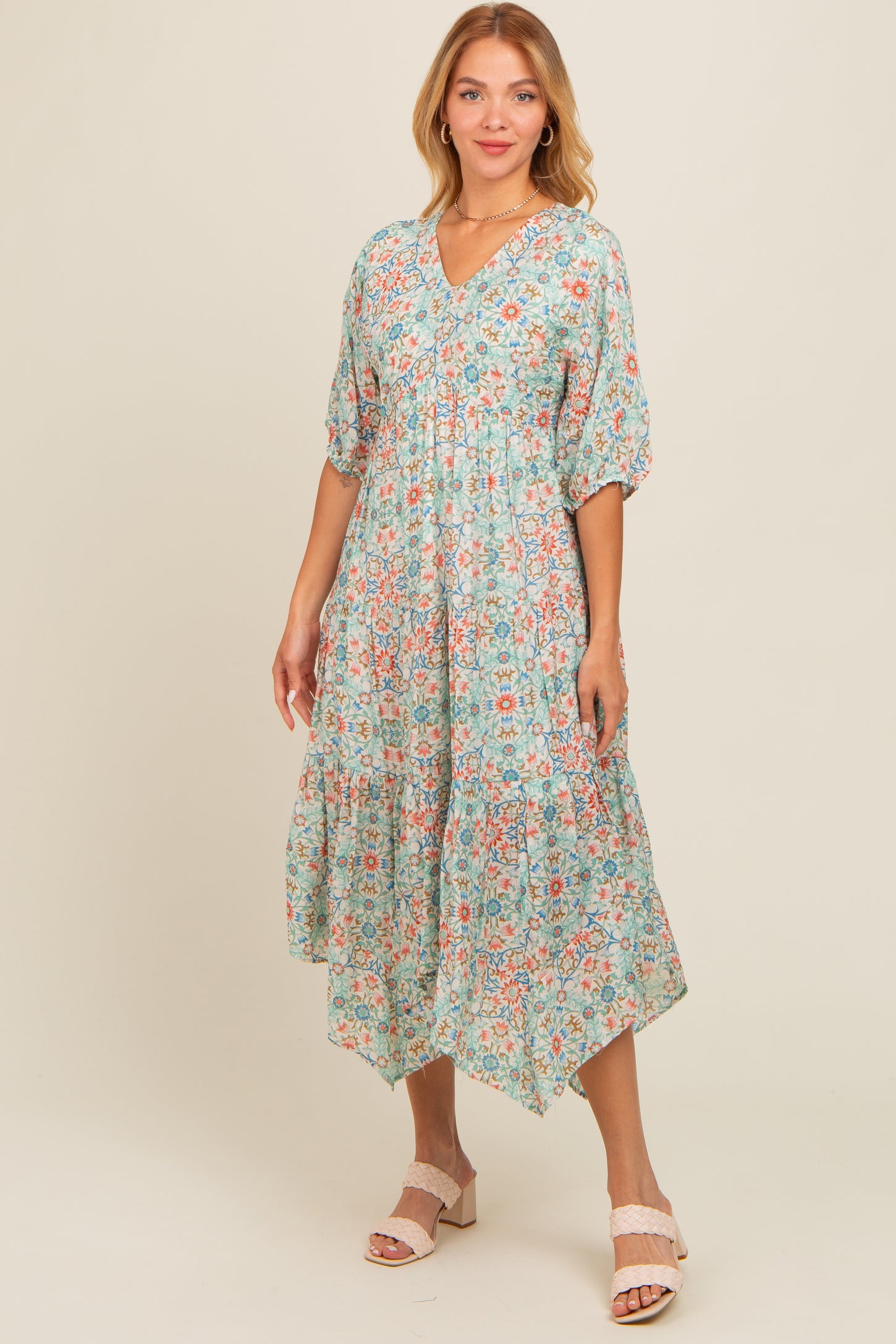 Mint Green Floral Border Print V-Neck Tiered Maternity Midi Dress