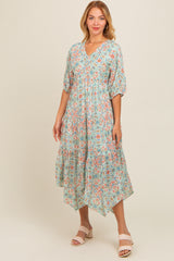 Mint Green Floral Border Print V-Neck Tiered Maternity Midi Dress