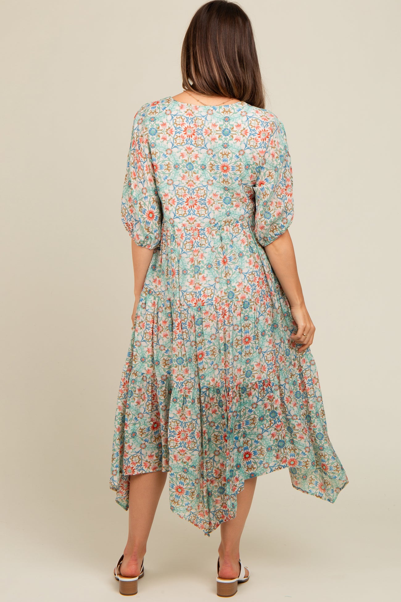 Mint Green Floral Border Print V-Neck Tiered Maternity Midi Dress