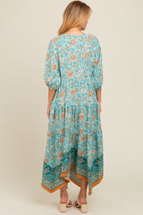 Aqua Floral Border Print V-Neck Tiered Midi Dress