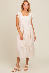 Ivory Textured Sweetheart Neck Short Puff Sleeve Tiered Midi Dress