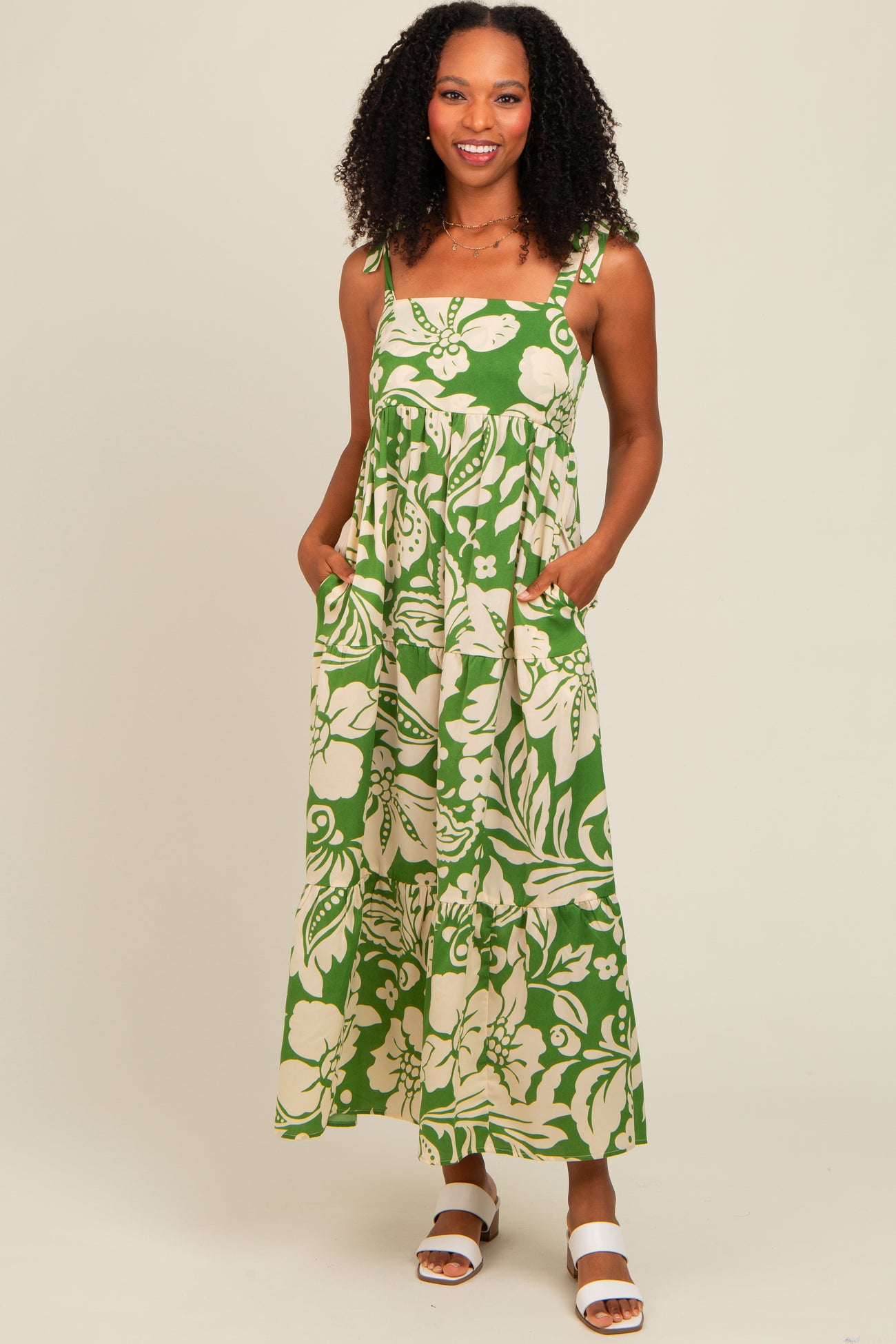 Green Tropical Floral Shoulder Tie Tiered Midi Dress