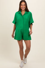 Green Textured Button Front Short Sleeve Maternity Romper
