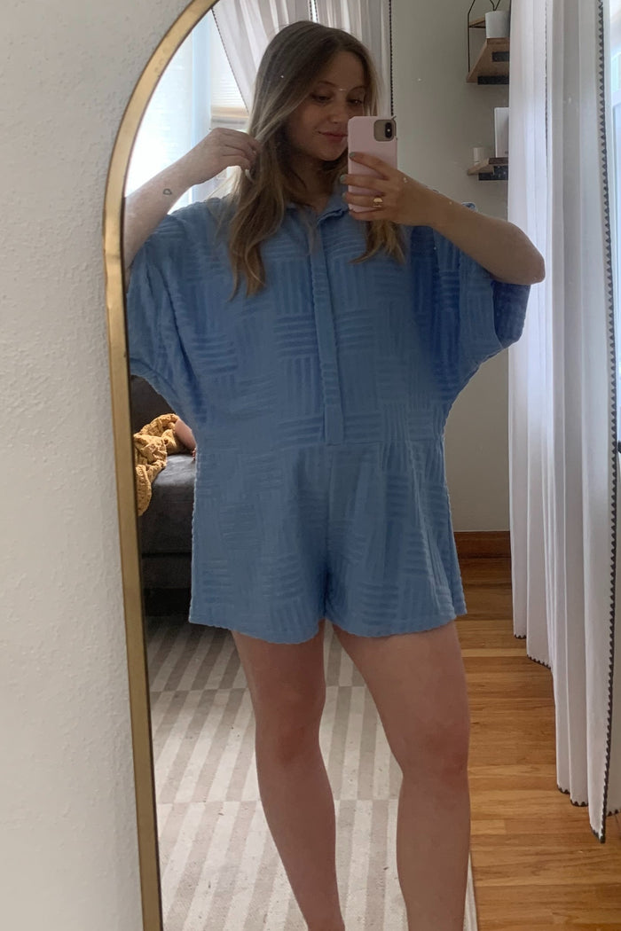 Light Blue Textured Button Front Short Sleeve Maternity Romper
