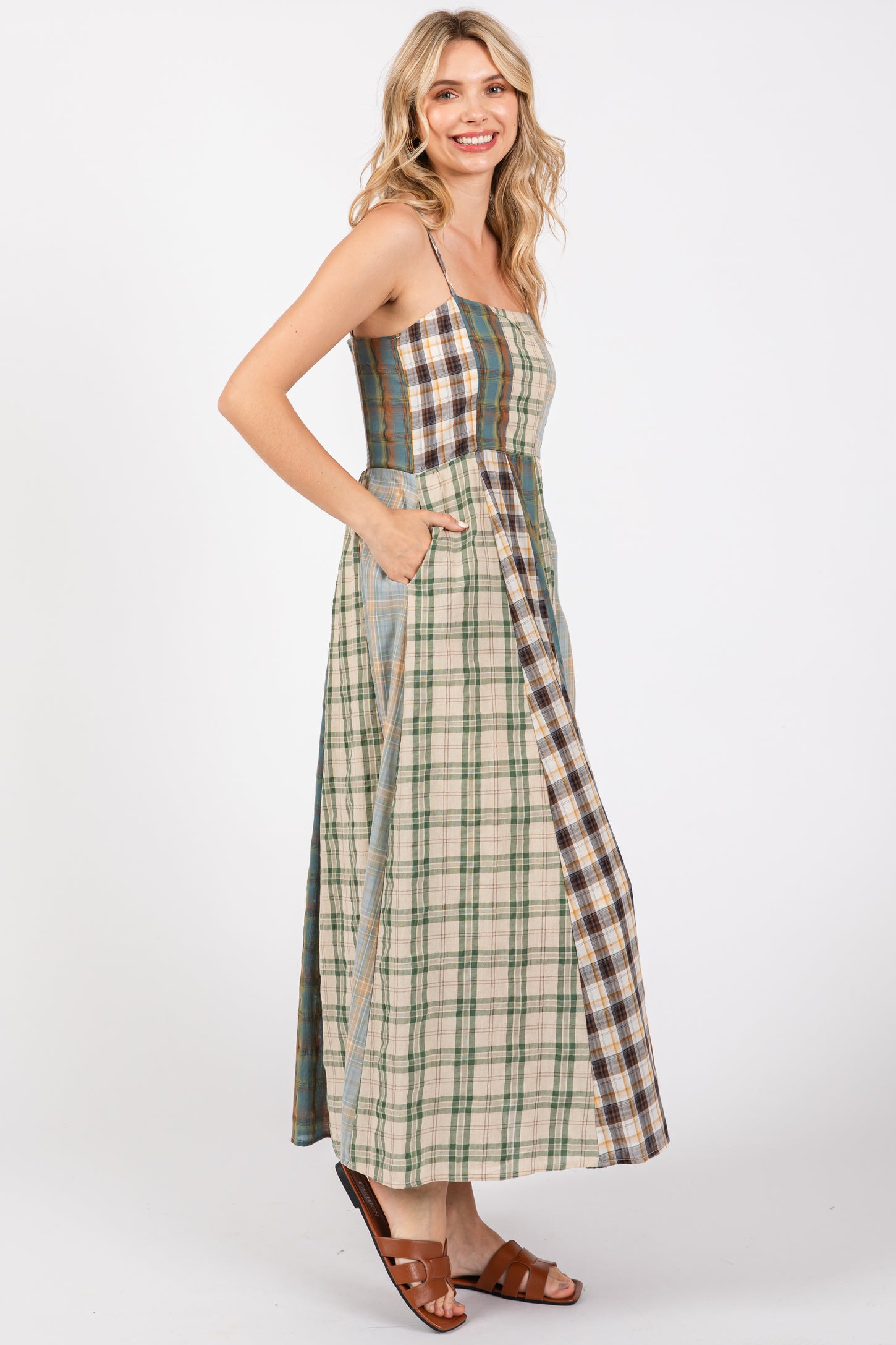 Light Olive Mixed Plaid Maxi Dress