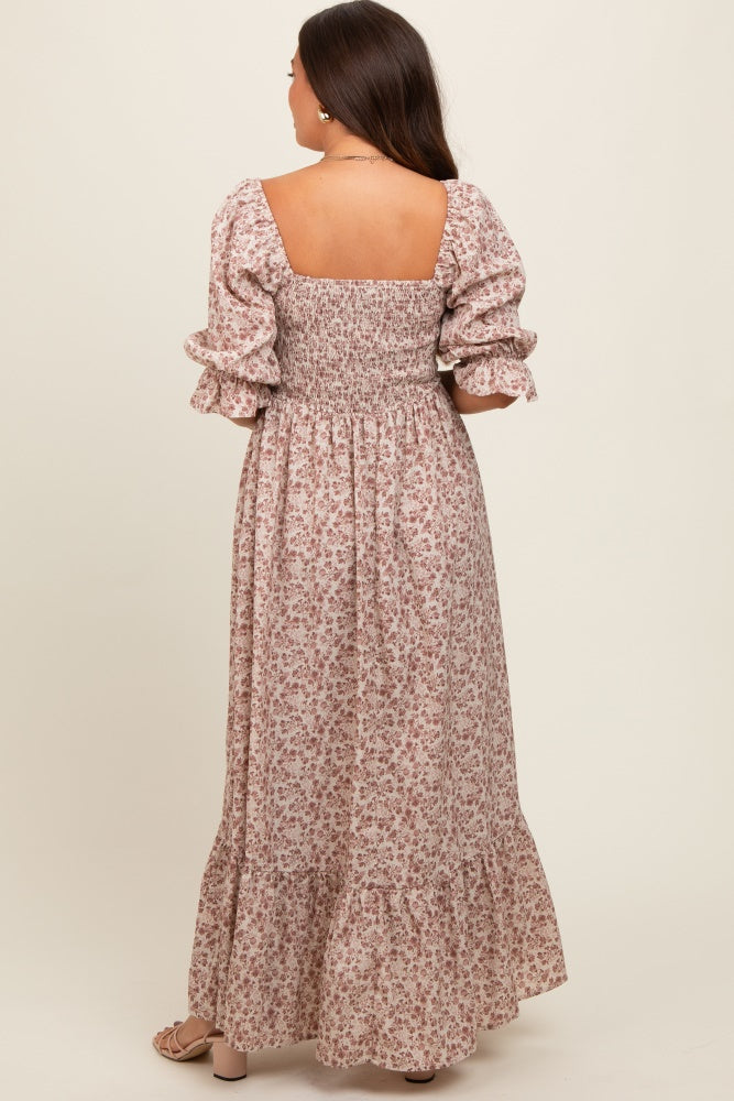 Cream Sweetheart Neck Smocked Ruffle Hem Maternity Maxi Dress
