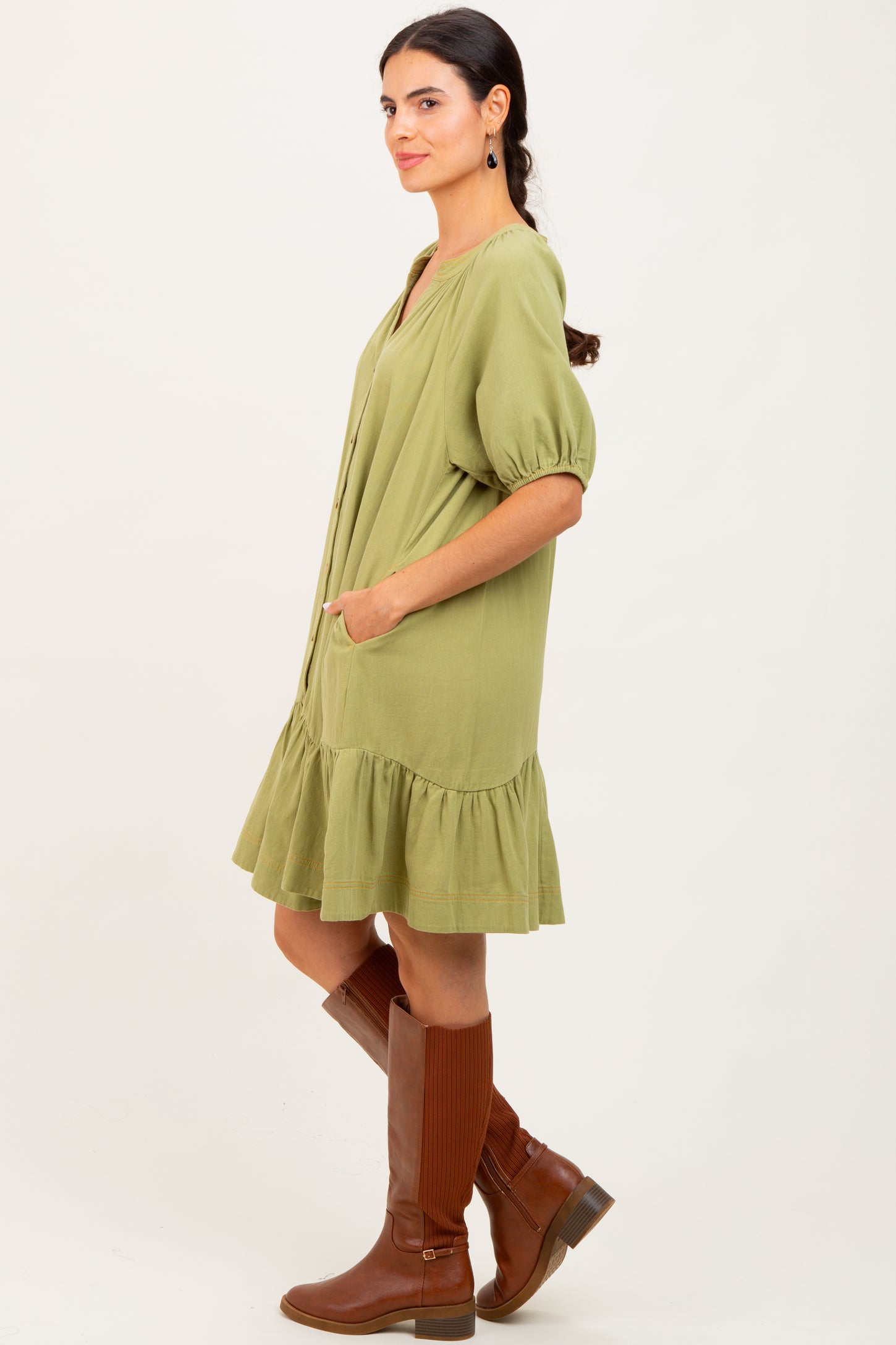 Light Olive Button Front Short Puff Sleeve Dress