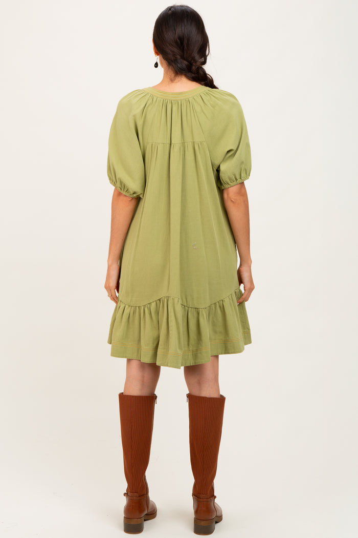 Light Olive Button Front Short Puff Sleeve Dress