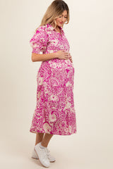 Magenta Floral Collared Tiered Maternity Midi Dress