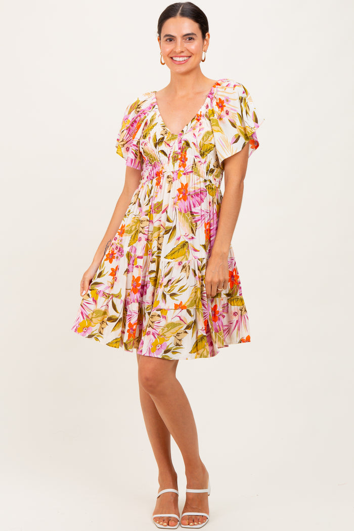Ivory Floral Smocked Front Tiered Maternity Dress