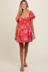 Rust Floral Knot Front Sweetheart Neck Short Puff Sleeve Maternity Dress