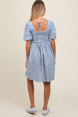 Light Blue Floral Smocked Tie Back Maternity Dress