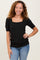 Black Ribbed Ruched Square Neck Puff Sleeve Top