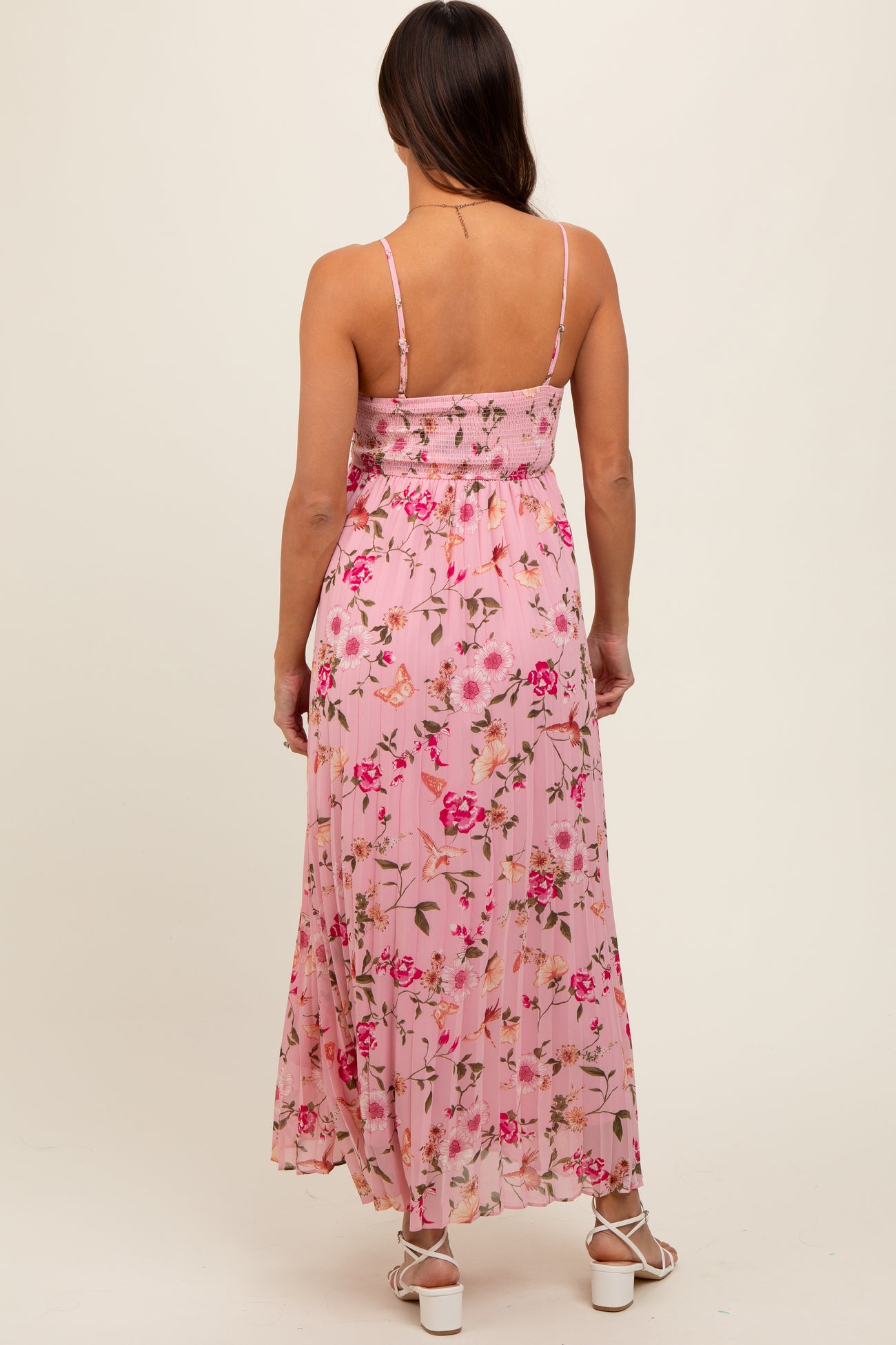 Pink Floral Sleeveless Pleated Maternity Midi Dress